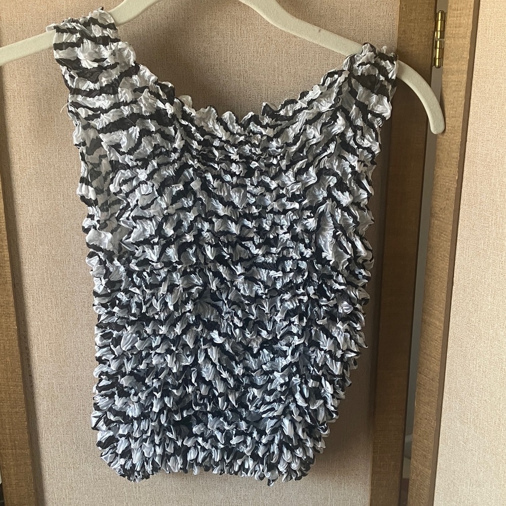FINAL MARKDOWN Elegant Black and White Ruffled pucker Women's Top osfm